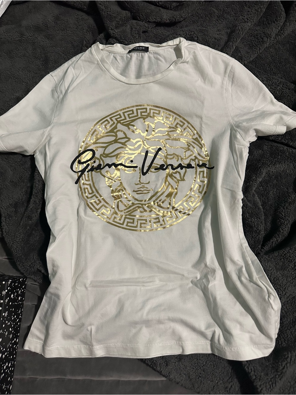 Versace White Tee with Gold Medusa Emblem